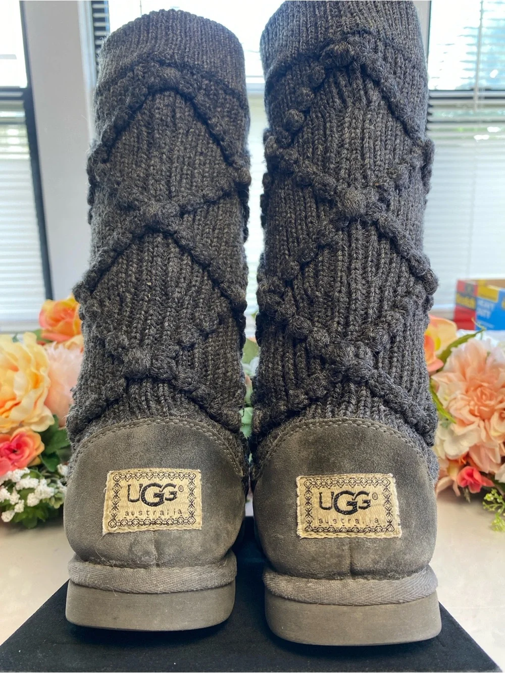 UGG Classic Argyle Knit Tall Sweater Boots Charcoal Gray Sheepskin Women’s 6